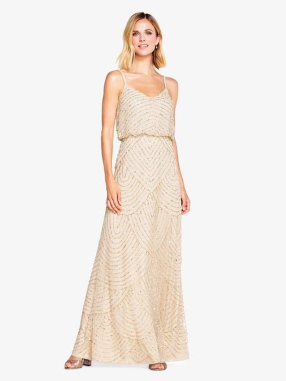 Adrianna Papell Beaded Blouson Gown in Champ/Gold, Size 4